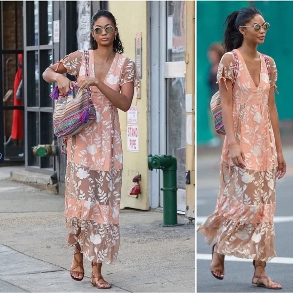 For Love & Lemons Mia Maxi Peach Lace Dress Floral Embroidered Sheer Panel XS - Picture 3 of 15